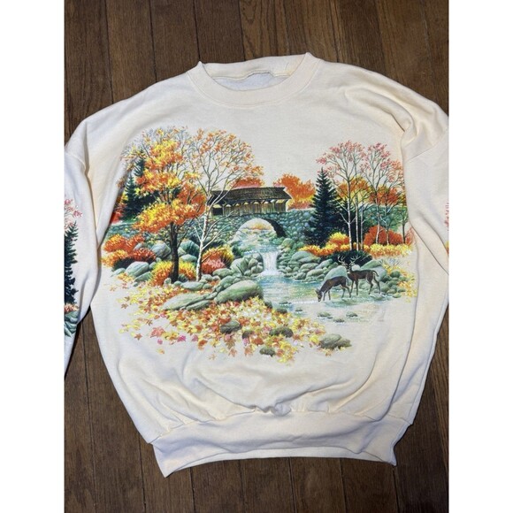 VTG 90s Lifestyles Crew Sweatshirt AOP Fall Scene Deer All Over Print Glitter - Picture 2 of 5